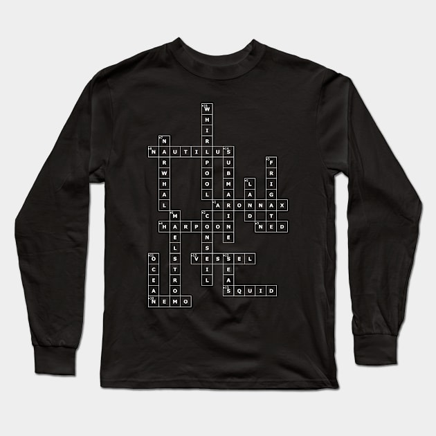 (1869TTLUTS-D) Crossword pattern with words from a famous 1869 science fiction book. [Dark Background] Long Sleeve T-Shirt by ScienceFictionKirwee